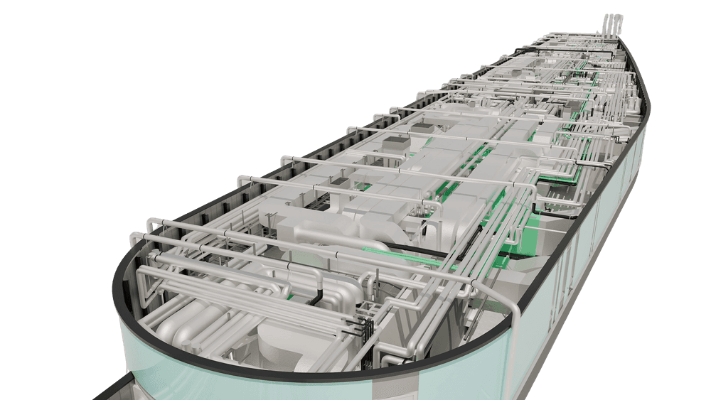 Moderne Schiffslayout seitliche Ansicht, zeigt komplexe Rohrsysteme und Anlagen.
