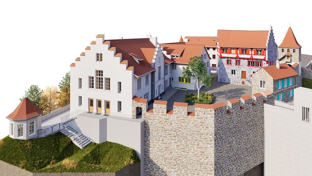 3D-Visualisierung einer historischen Burganlage mit roten Ziegeldächern, Innenhof, Mauern und Türmen auf einem Hügel, Blick aus der Vogelperspektive.