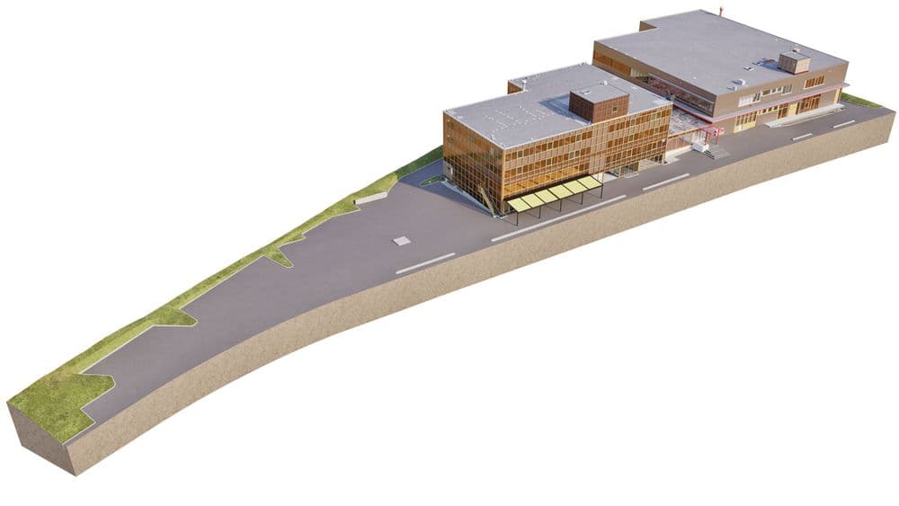 3D-Architekturvisualisierung eines modernen Gebäudekomplexes mit Flachdächern, Holzfassade und großer Vorplatzfläche auf länglichem Grundstück, isometrische Ansicht auf weißem Hintergrund.