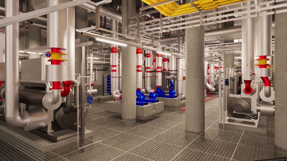 3D-Visualisierung eines industriellen Technikraums mit Rohrleitungen, Ventilen, Pumpen und Aggregaten aus Metall; graue Bodenplatten, viele Stützen und Deckeninstallationen in einer Maschinenhalle.