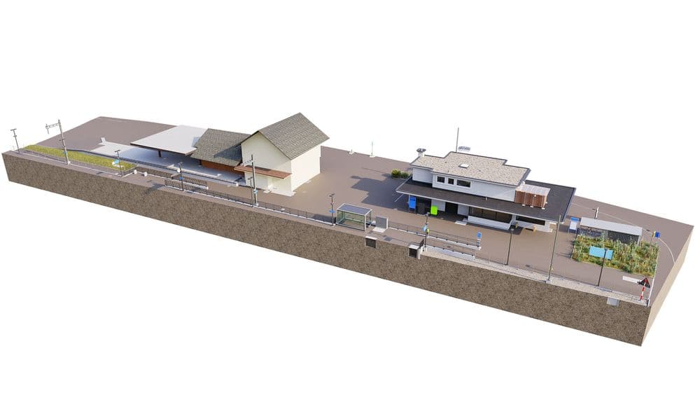 3D-Visualisierung eines kleinen Bahnhofs mit Bahnsteig, Gleisen, Überdachung, Unterführung, Beleuchtung und Empfangsgebäude; isometrische Ansicht eines Bahnhofsgeländes mit Wartebereich und Zugangstreppen.