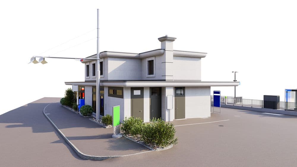 3D-Visualisierung eines modernen, zweigeschossigen Gebäudes an einer Straßenkurve mit Gehweg, Laternenmast, Büschen und Einfahrt; helle Fassade mit Flachdach und Fenstern, Außenbereich mit Parkplatz und Zaun.