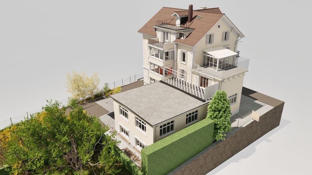 3D-Modell eines zweistöckigen Einfamilienhauses mit Terrassen und Garten.