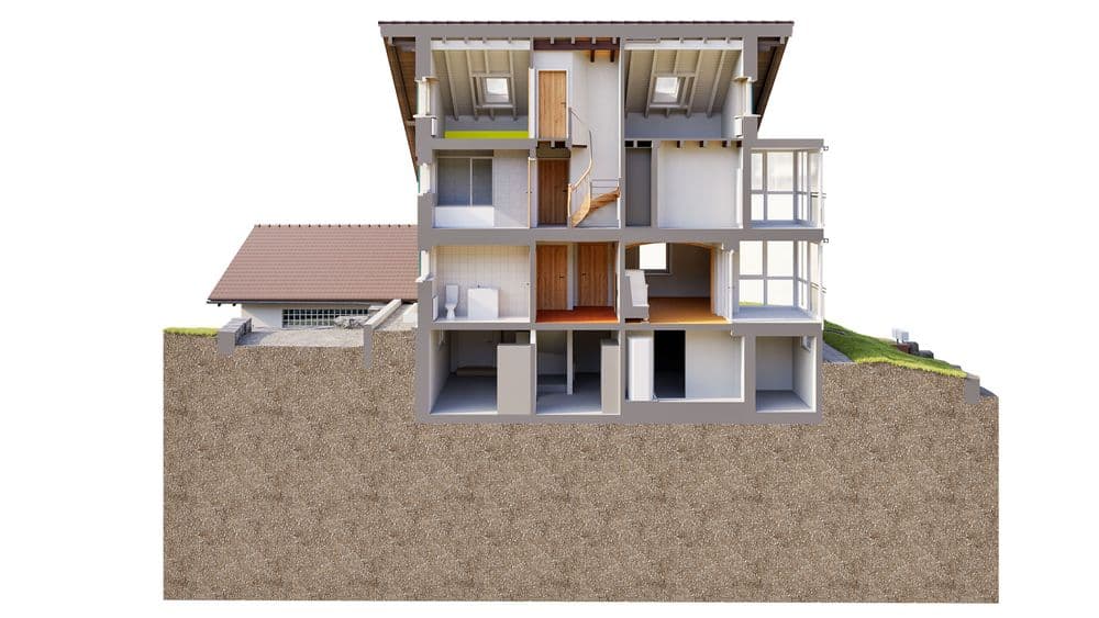Querschnitt eines mehrstöckigen Hauses mit detaillierter Ansicht der Innenräume, einschließlich Wohnzimmer, Küche, und Schlafzimmer. Ideal für Architekturplanung und Designinspiration.