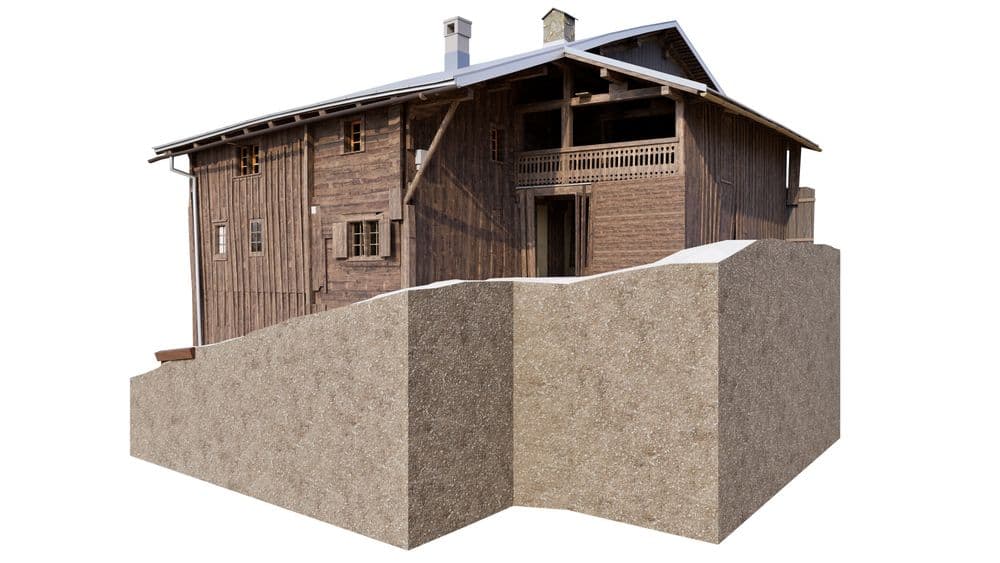3D-Bestandesmodell eines historischen Bündner Holzhauses mit Natursteinsockel in Graubünden, modelliert in Vectorworks auf Basis präziser Gebäudeaufnahme.