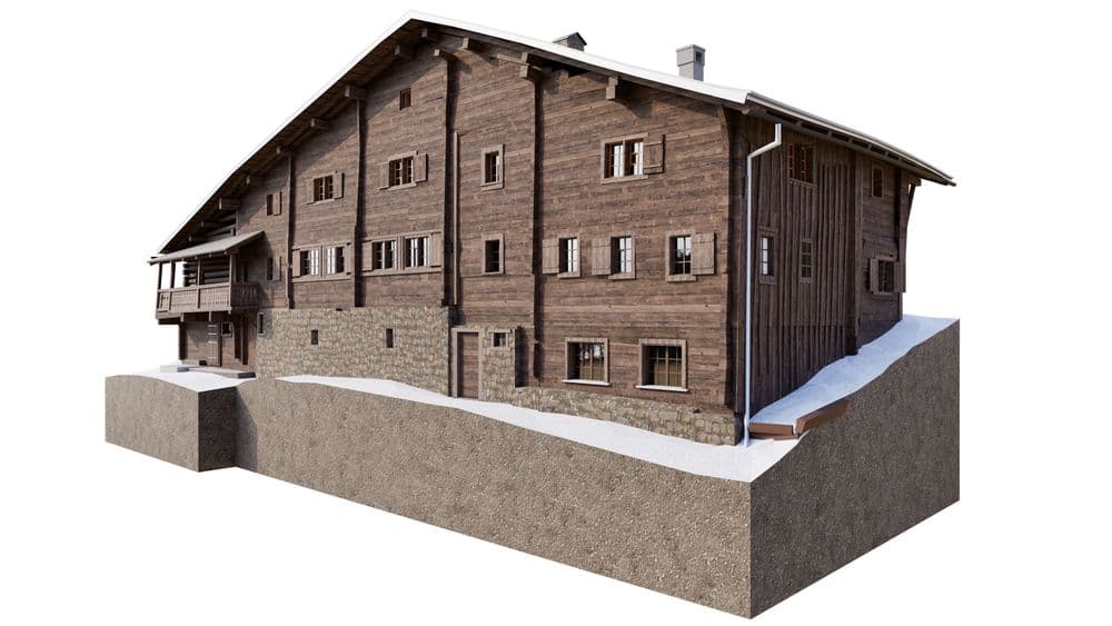 3D-Bestandesmodell eines historischen Bündner Holzhauses mit Natursteinsockel in Graubünden, modelliert in Vectorworks auf Basis präziser Gebäudeaufnahme.