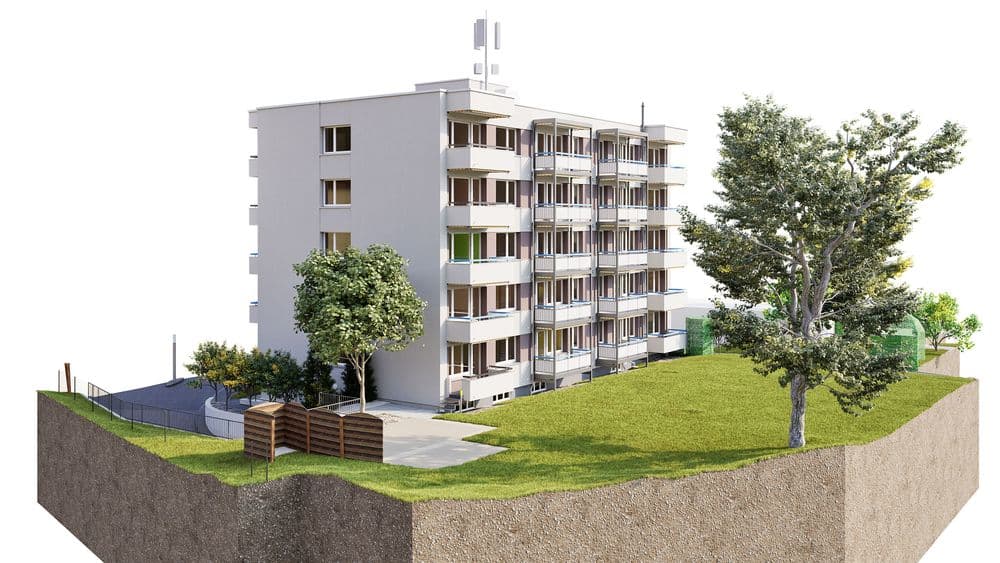 3D-Rendering eines modernen Mehrfamilienhauses mit Balkonen auf grünem Grundstück, Bäume und Gehweg, aufgeschnittene Erdschicht als Architektur-Visualisierung.