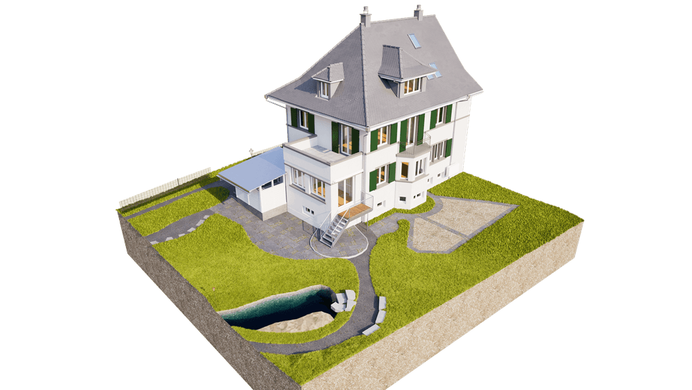 3D-Visualisierung eines weißen Einfamilienhauses mit grauem Walmdach, Balkon und grünen Fensterläden; Garten mit Wegen, kleiner Teich, Carport und Zufahrt auf quadratischem Grundstück.