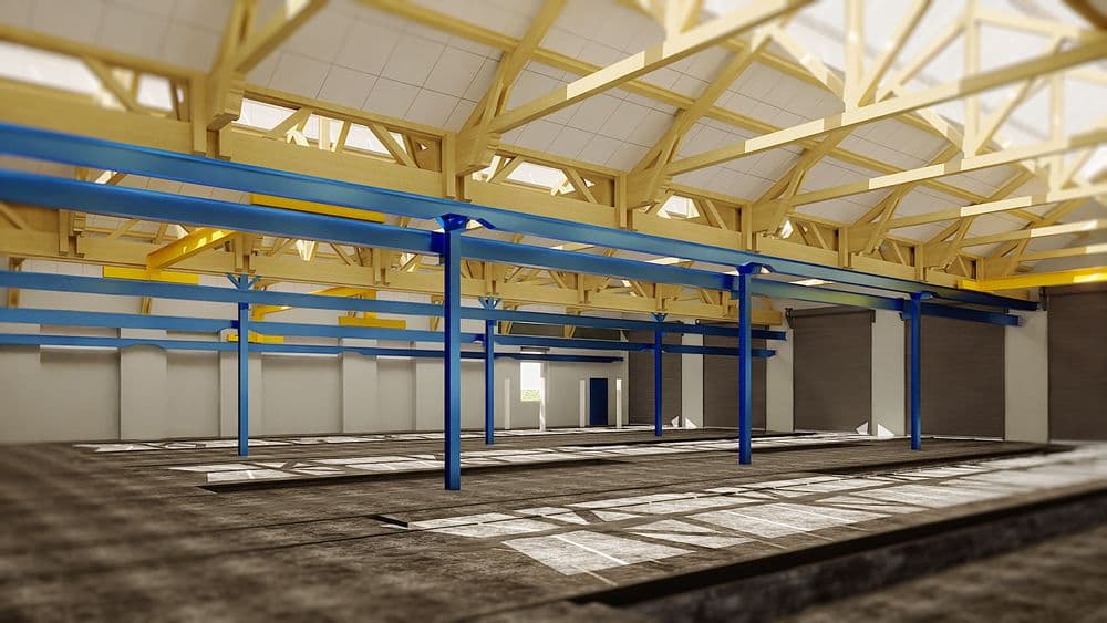 Industriehalle mit blauen Stahlträgern und hölzernem Dachstuhl.