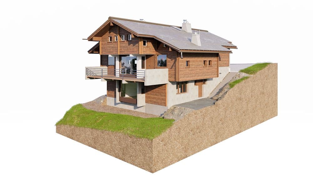 3D-Modell eines modernen Berghauses mit Schnittansicht und sichtbaren Innenräumen.