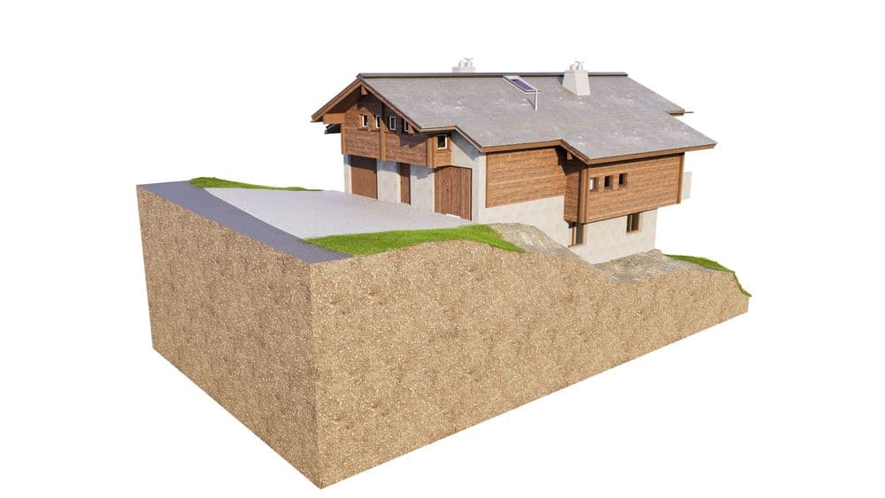 3D-Modell eines Einfamilienhauses mit Schnittansicht des Untergrunds.