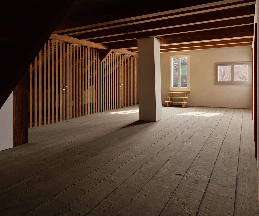 Dachboden mit Holzverkleidung, großen Fenstern und Holzboden.