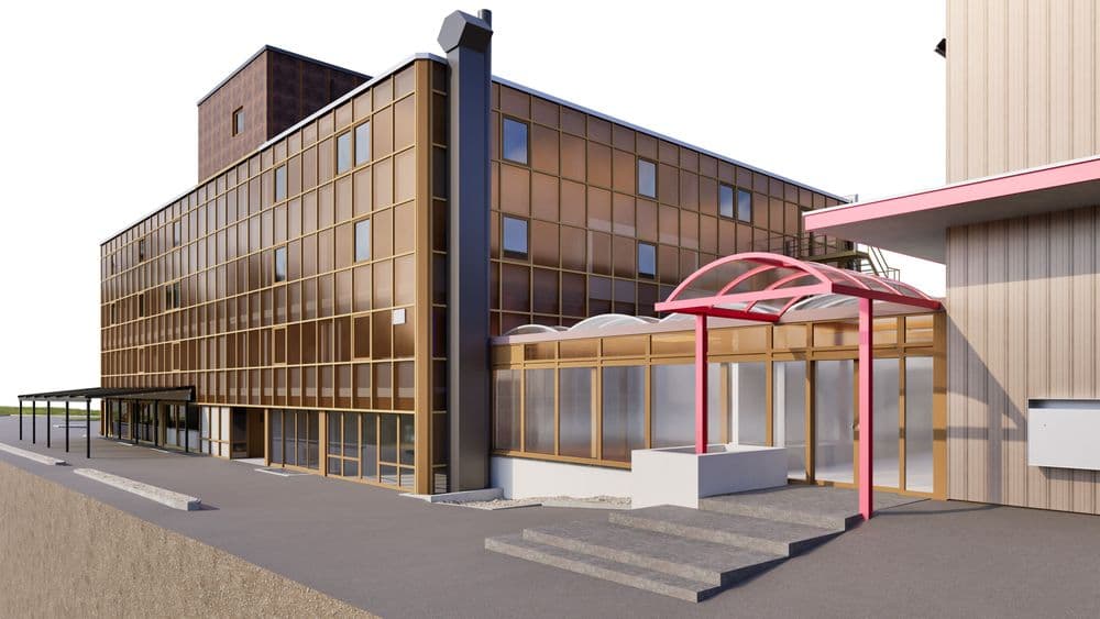 3D-Visualisierung eines modernen Büro- oder Industriegebäudes mit großflächiger Glasfassade, Eingangsbereich mit roten Überdachungen und Treppenanlage auf einem Firmengelände.