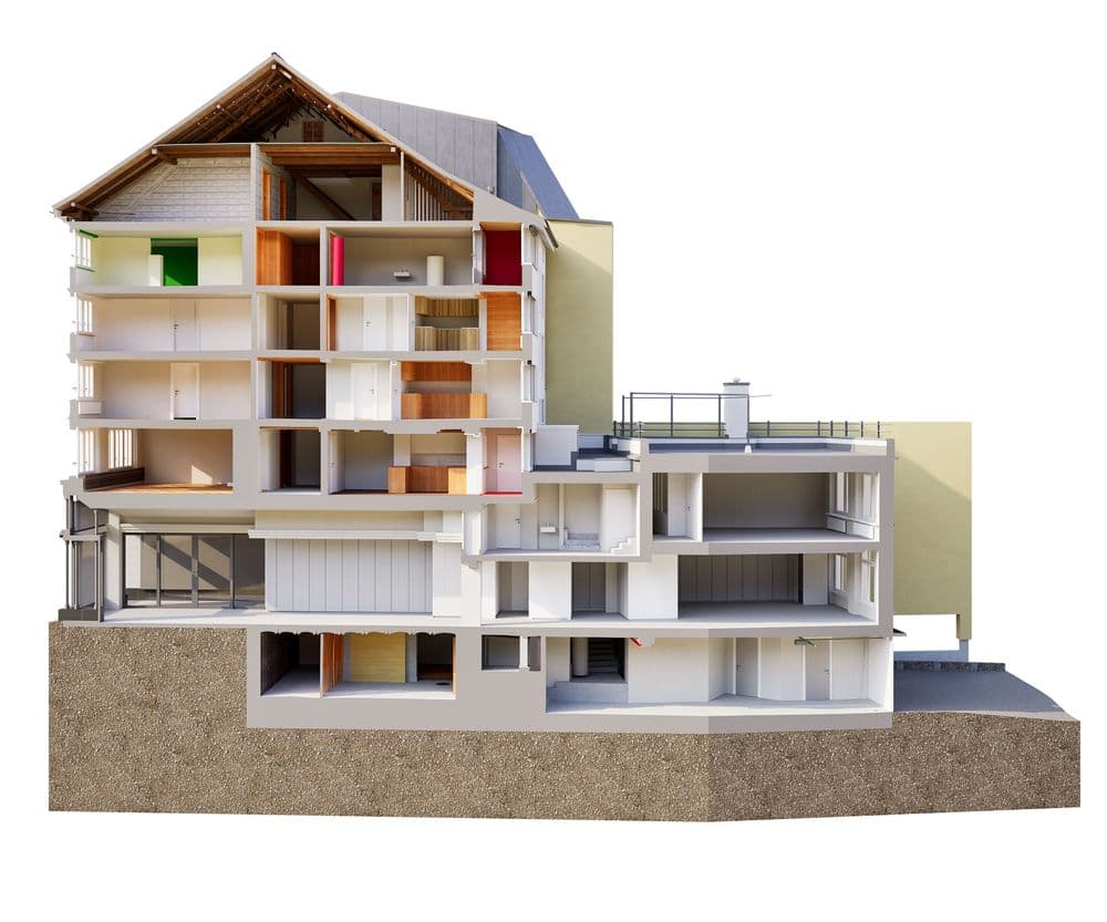 Querschnitt einer modernen Gebäudestruktur mit mehreren Etagen und detaillierter Innenansicht, einschließlich verschiedener Räume und architektonischer Elemente.