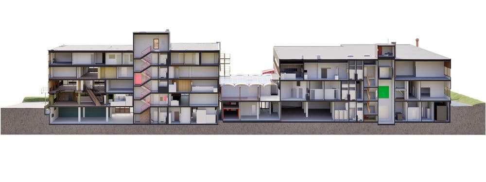 Architektur-Schnittansicht eines mehrstöckigen Gebäudekomplexes mit Treppenhaus, Fluren und Räumen; 3D-Render/Modell auf weißem Hintergrund, zeigt Innenaufteilung und Stockwerke.