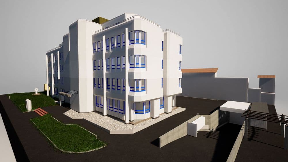 3D-Rendering eines modernen Mehrfamilienhauses bei Dämmerung mit Parkplatz und Grünflächen.