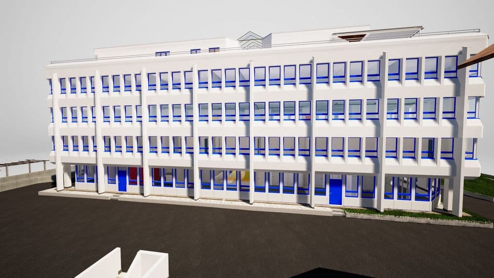 Modernes weißes Bürogebäude mit blauen Fensterrahmen.