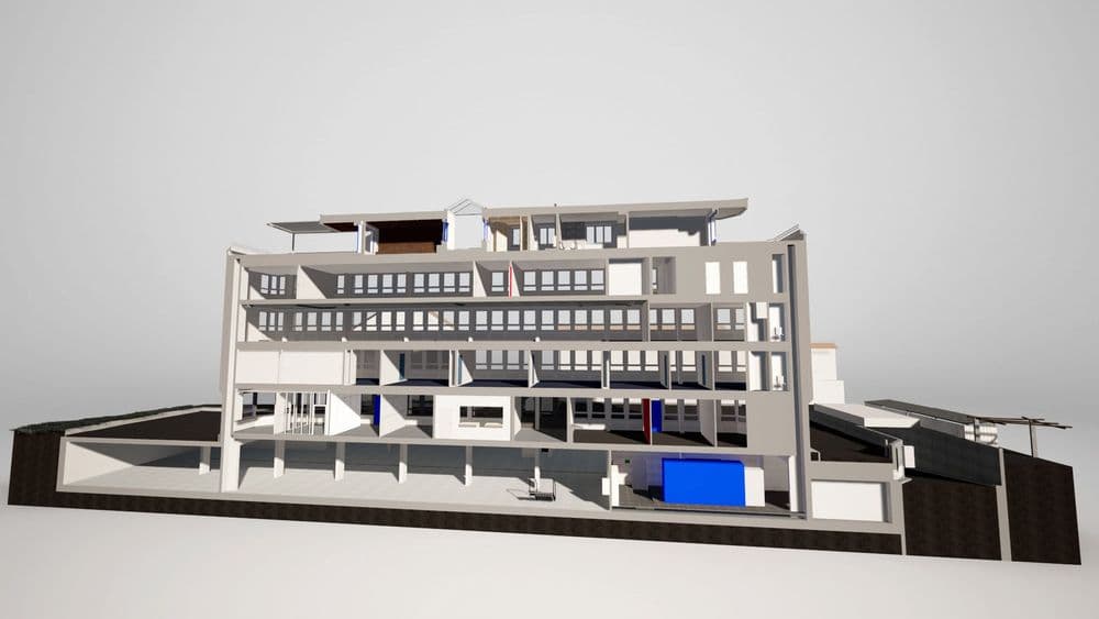 3D-Modell eines modernen Mehrfamilienhauses.