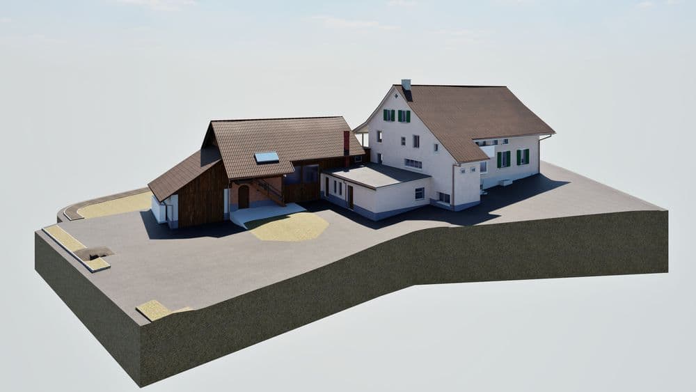 3D-Modell eines modernen Einfamilienhauses mit Anbau und Garage auf einem abgeschnittenen Grundstücksmodell.