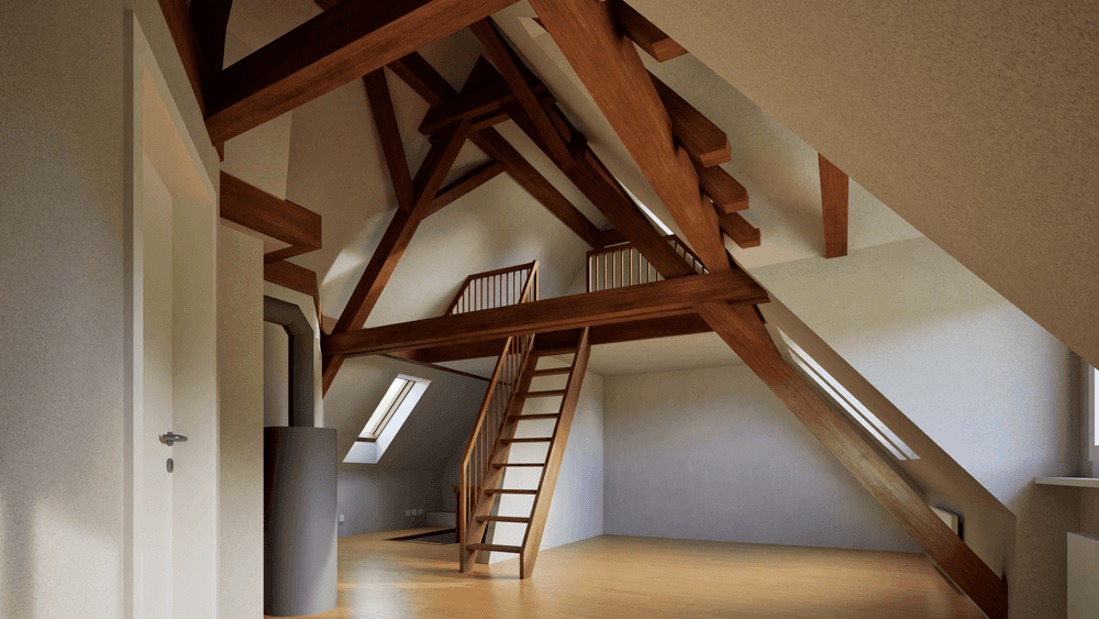 Ausgebauter Dachboden mit sichtbaren Holzbalken, Galerieebene und Holztreppe, Dachfenstern und hellem Holzboden – moderner Loft-Ausbau unter dem Dach.