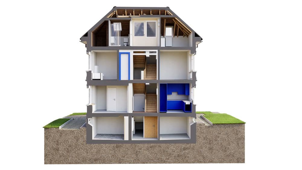 Ein Querschnitt eines dreistöckigen Hauses zeigt Zimmer und Architekturdetails.