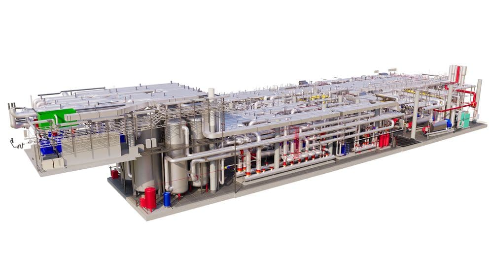 Eine komplexe industrielle Anlagenstruktur mit zahlreichen Rohren und Maschinen, zeigt eine detailreiche Verarbeitungsebene für technische Prozesse.