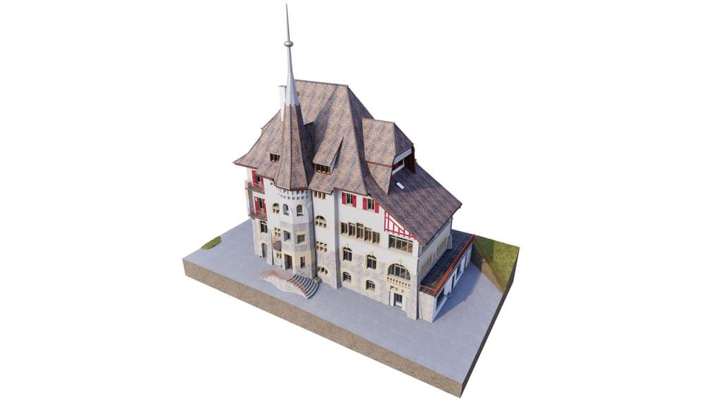 Historisches Gebäude mit markantem Turm und roten Fensterläden, 3D-Rendering.