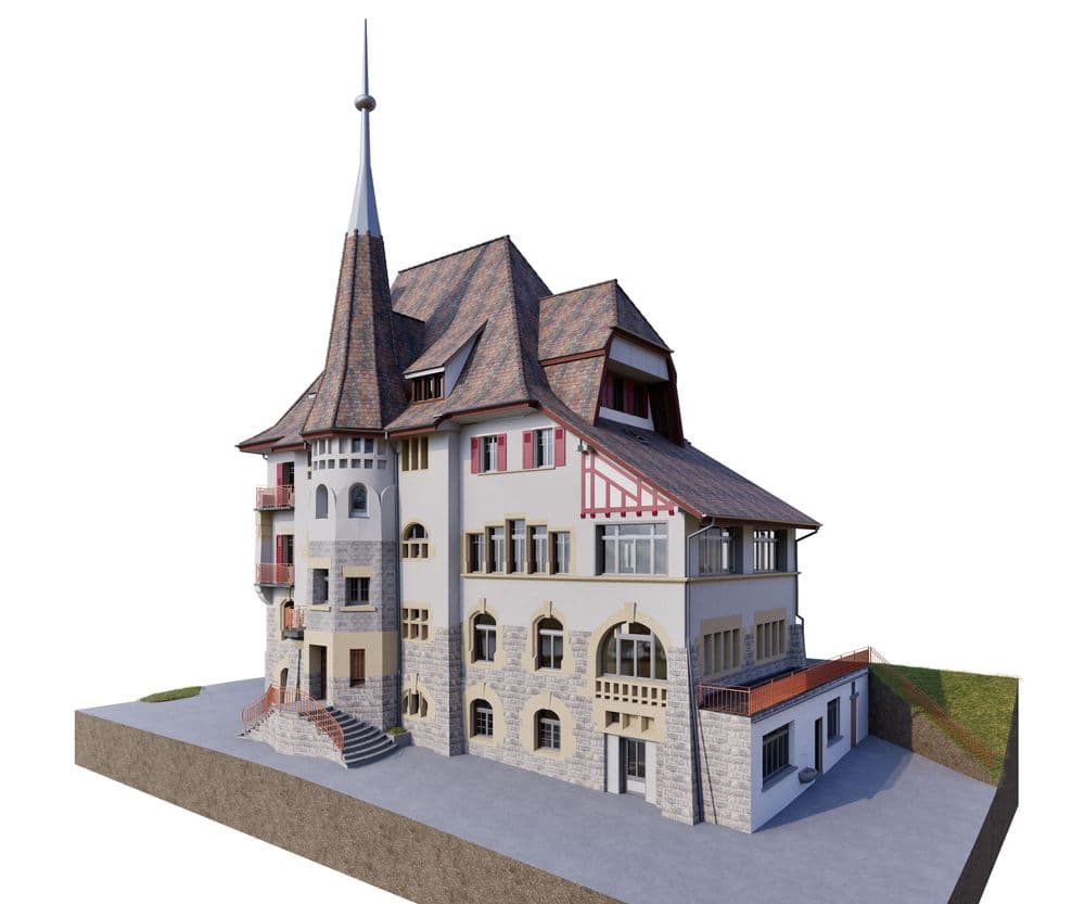 Historisches Gebäude mit detailreicher Architektur und Turm, 3D-Modell, klarer Himmel im Hintergrund.