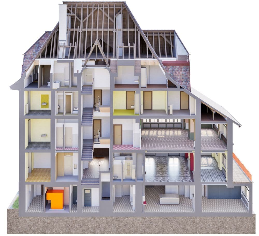 Ein detaillierter Querschnitt eines mehrstöckigen Hauses zeigt verschiedene Räume und Etagen mit sichtbarer Struktur und Einrichtungen, ideal für Architektur- oder Designzwecke.