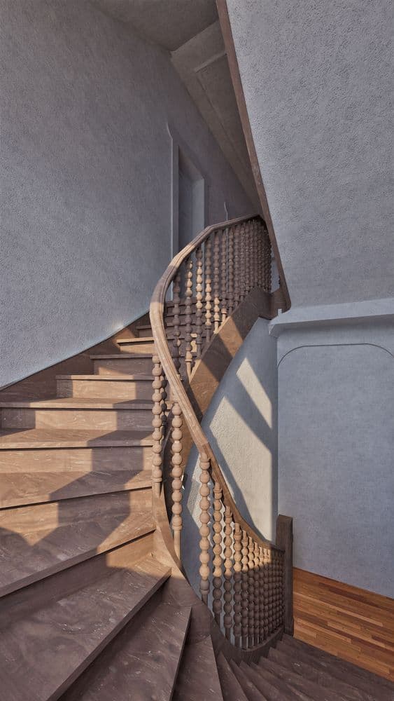 Holztreppe mit elegantem Geländer, beleuchtet durch einfallendes Licht.