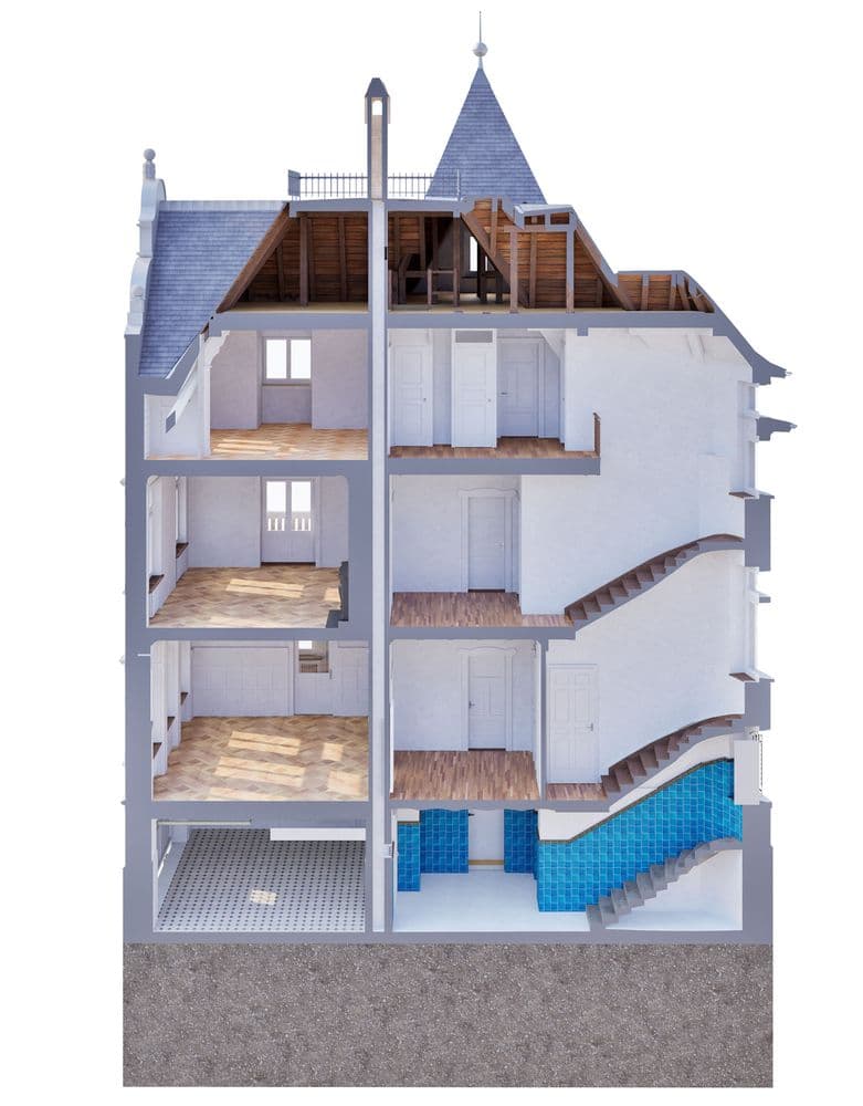 Querschnitt eines mehrstöckigen Gebäudes mit sichtbaren Räumen und Treppenhaus, ideal für Architekturstudien und Innenraumplanung.