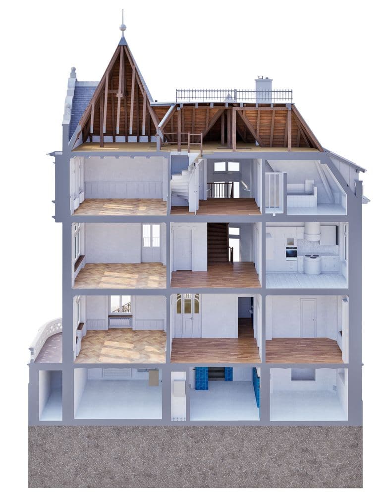 Querschnitt eines mehrstöckigen Hauses mit sichtbaren Etagen und Räumen, einschließlich Wohnzimmer, Küche und Dachboden.