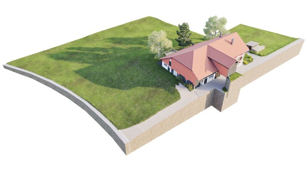 3D-Modell eines Einfamilienhauses mit rotem Dach auf einem grünen Grundstück, umgeben von Bäumen und Rasenfläche.