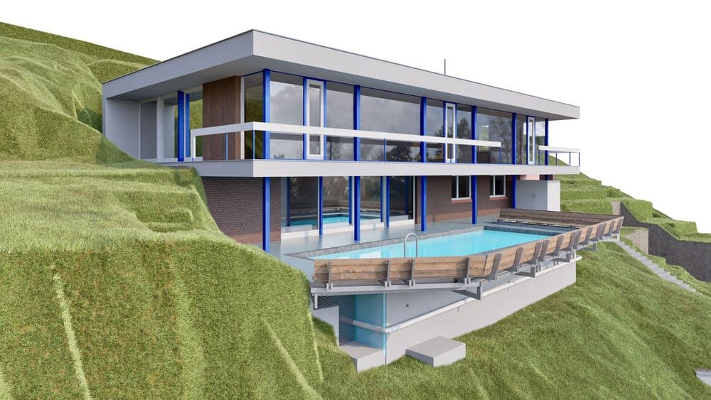 3D-Visualisierung eines modernen Hanghauses mit großer Glasfassade, Flachdach, umlaufender Terrasse und Außenpool, eingebettet in grüne Hügellandschaft.