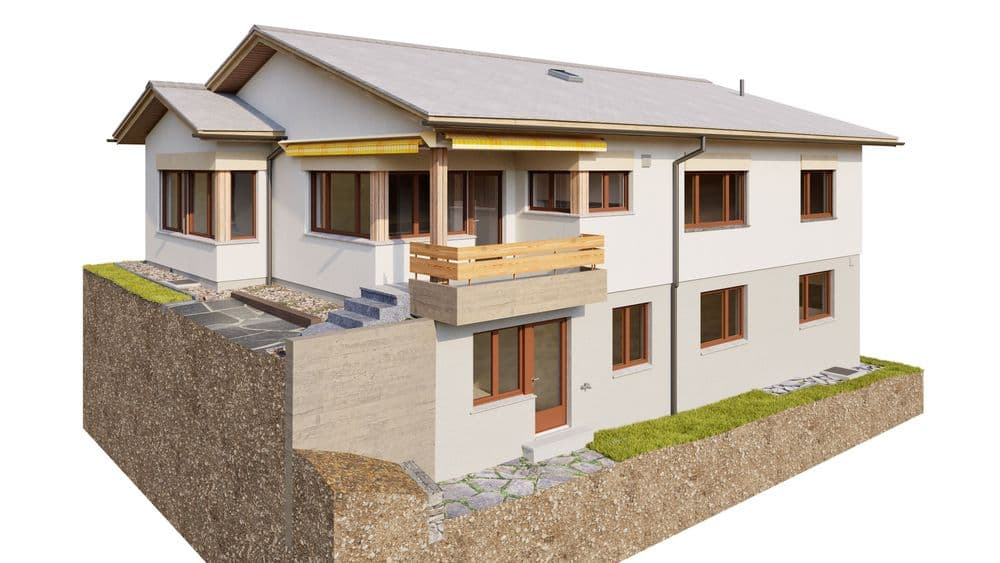 3D-Visualisierung eines modernen Einfamilienhauses in Hanglage mit Satteldach, Balkon, Terrasse, großen Fenstern und freigelegtem Erdreich im Schnittmodell.