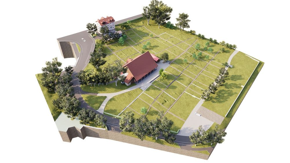 3D-Visualisierung eines Friedhofs mit markierten Grabfeldern, Kapelle mit rotem Dach, Wegen, Bäumen und Zufahrtsstraße in Draufsicht.