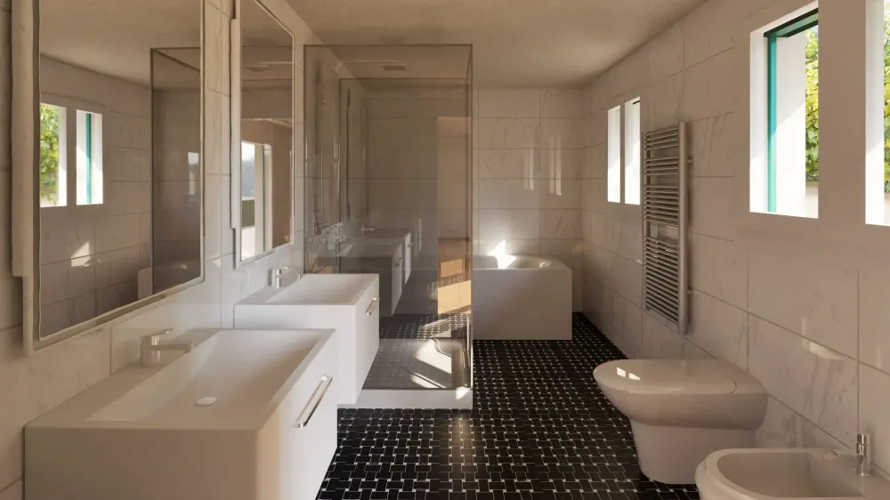 Modernes helles Badezimmer mit Doppelwaschbecken, großer Spiegelwand, Glasdusche, Badewanne, WC und schwarzem Mosaikboden; weiße Fliesen und Fenster sorgen für Tageslicht.