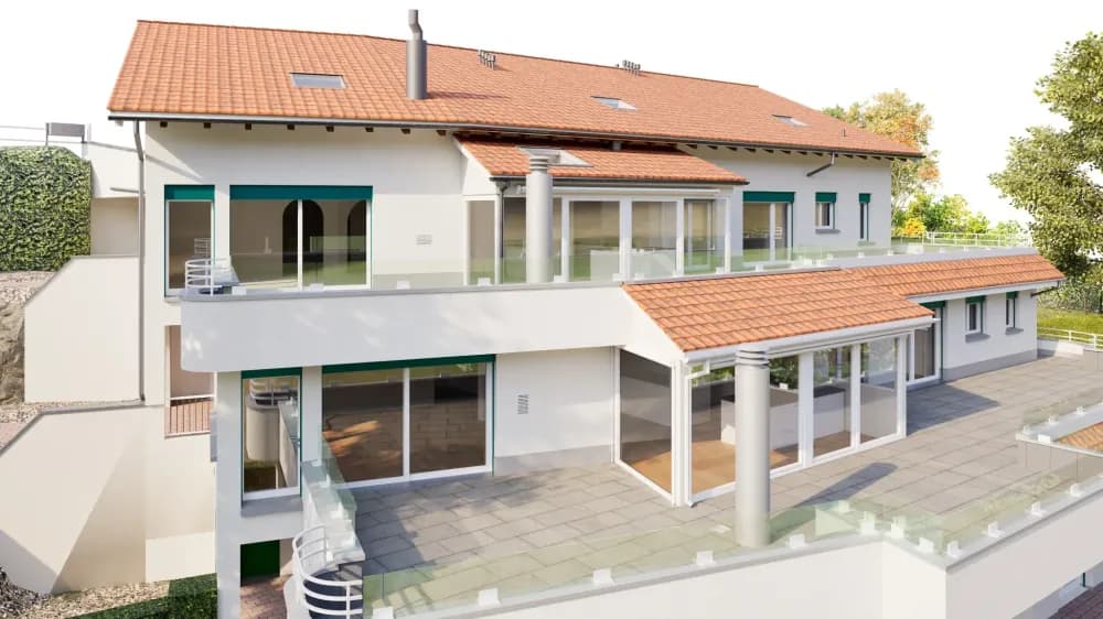 3D-Architekturvisualisierung eines modernen Mehrfamilienhauses mit rotem Ziegeldach, weißen Fassaden, großen Glasfronten, Balkonen und Terrassen; Ansicht von oben bei Tageslicht.