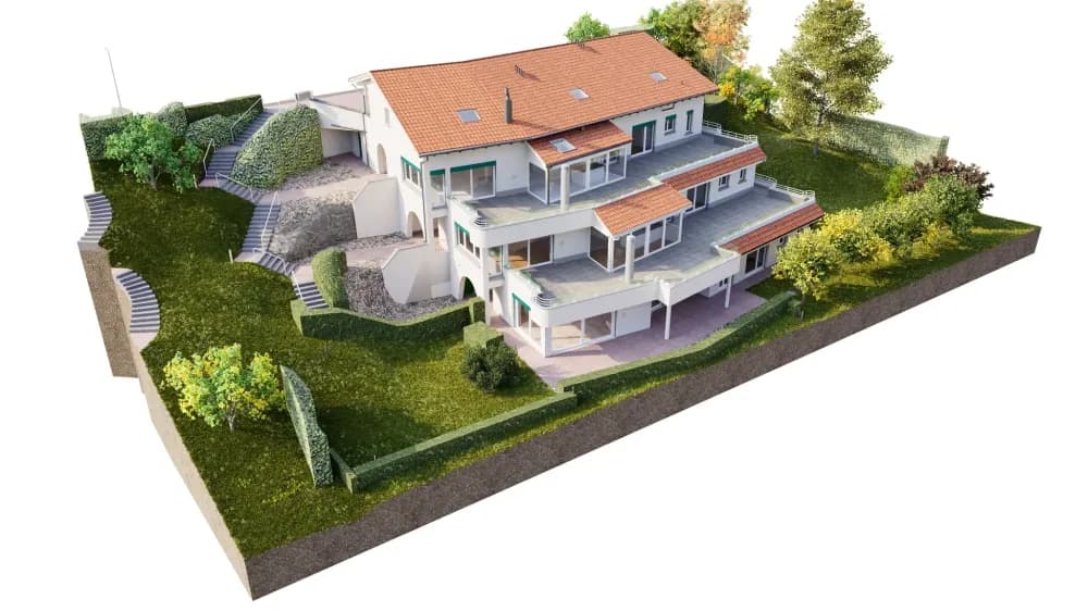 3D-Architekturvisualisierung eines modernen Mehrfamilienhauses mit roten Ziegeldächern, Terrassen und Balkonen auf Hanggrundstück, umgeben von Garten, Bäumen und Wegen.