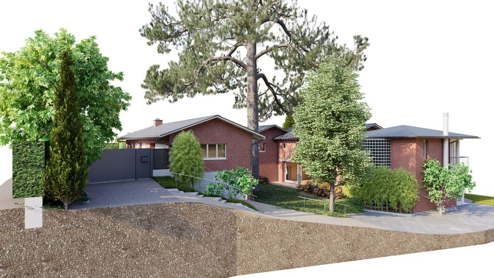 3D-Visualisierung eines modernen, eingeschossigen Backsteinhauses mit Flachdach, Einfahrt und Garten; große Kiefer und üppige Bepflanzung vor dem Wohnhaus.