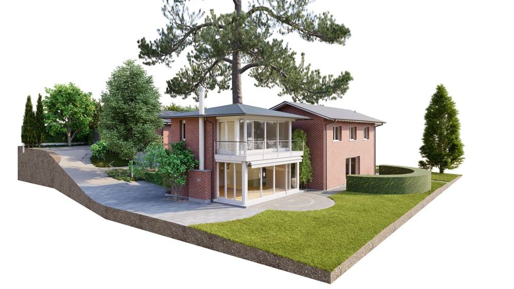 3D-Architekturvisualisierung eines modernen Einfamilienhauses aus Backstein mit großer Glasveranda, Balkon, Garten und Bäumen auf einem Grundstück mit Einfahrt.