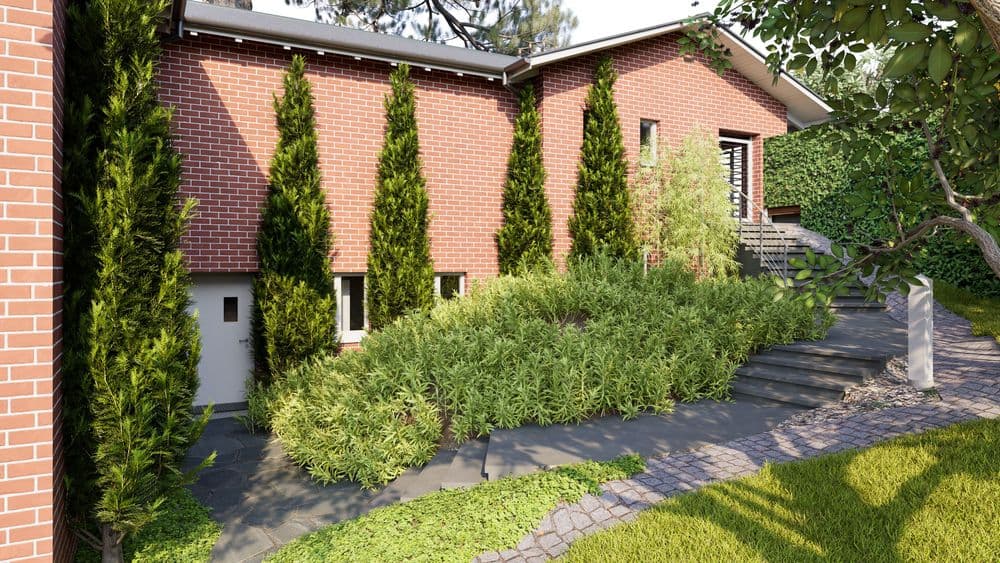 Moderner Garten mit Ziegelhaus, Natursteinweg und üppiger Bepflanzung aus hohen Koniferen, Sträuchern und Bodendeckern entlang der Fassade, sonnige Außenansicht mit Treppe und Eingang.