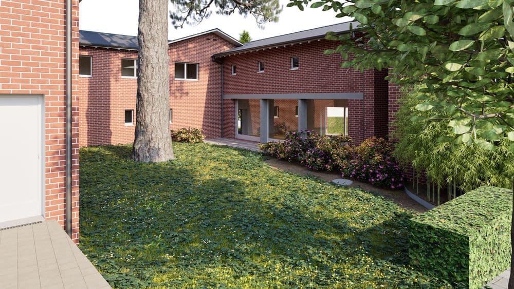 Moderner Backstein-Bungalow mit Anbau, großen Fenstern und Flachdach, umgeben von grünem Garten, Baum und Blumenbeet – Architektur-Visualisierung eines Einfamilienhauses im Innenhof.