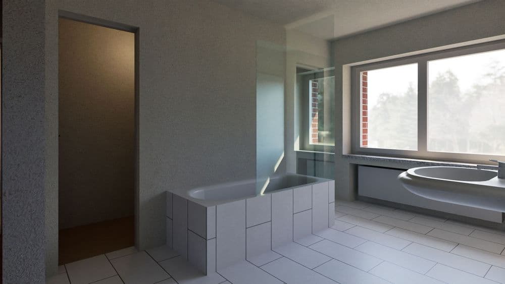 3D-Visualisierung eines modernen Badezimmers mit gefliester Badewanne, grauen Wänden, großem Fenster und Waschtisch; Tageslicht fällt in den Raum, Türöffnung links.