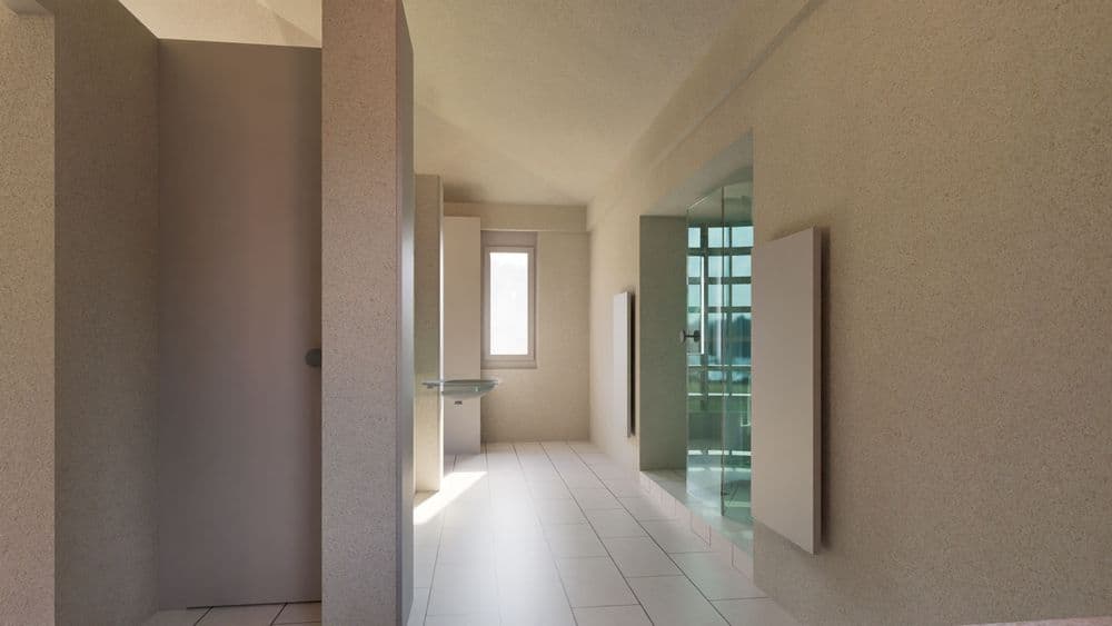 Helles, modernes Badezimmer mit beigen Wänden, weißem Fliesenboden, Dusche links, Waschbecken und Fenster am Ende sowie Glasabtrennung rechts – minimalistisches Interior-Design.