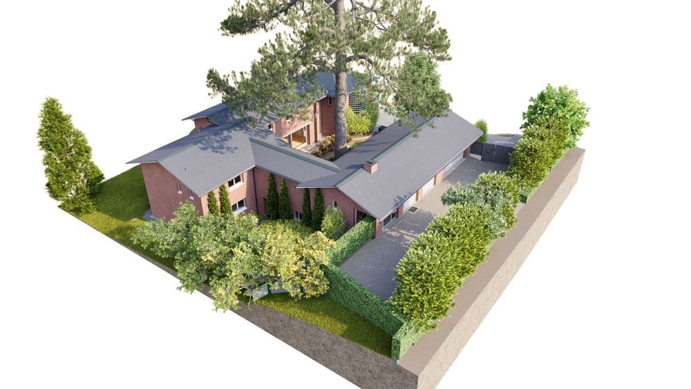 3D-Architekturvisualisierung eines modernen Einfamilienhauses aus Backstein mit grauem Satteldach, Garten, Hecken und Bäumen, Vogelperspektive auf Grundstück mit Einfahrt und Terrasse.