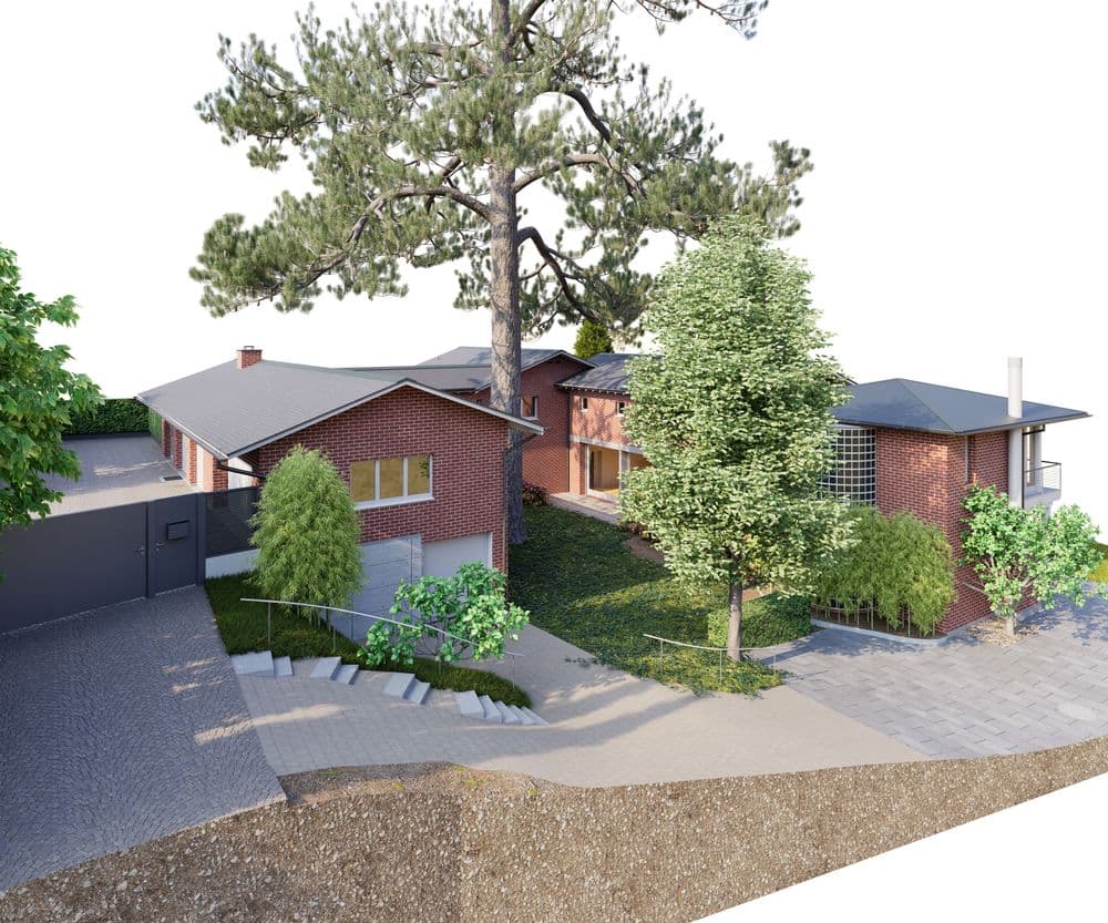 3D-Visualisierung eines modernen Einfamilienhauses aus rotem Klinker mit flachen Dächern, großem Baum im Vorgarten, begrüntem Hof und gepflasterter Einfahrt neben einem Tor und Gartenmauer.