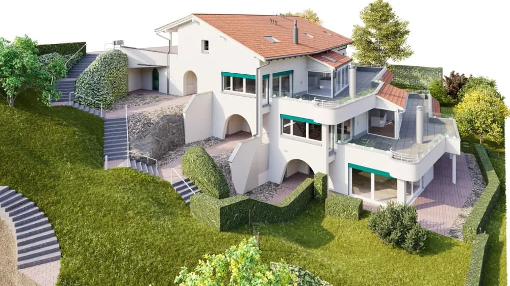 3D-Architekturvisualisierung einer modernen Villa am Hang mit Terrassen, Glasgeländern, Markisen, Garten und Treppenanlage, Außenansicht bei Tageslicht.