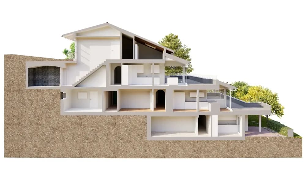 3D-Architektur-Rendering eines modernen Hanghauses im Schnitt: mehrstöckige Räume, Terrassen und Flachdächer, eingebettet in Erdreich mit Bäumen im Hintergrund.