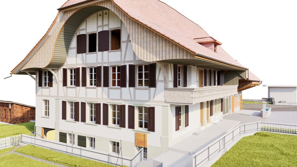 3D-Visualisierung eines renovierten traditionellen Bauernhauses mit Satteldach, Fachwerkfassade, Fensterläden und Balkon, umgeben von Garten und Zaun.